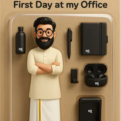 Celebrating diversity in the workplace with this unique onboarding kit. It features a character in traditional attire alongside a set of branded essentials like a bottle, diary, pen, and earbuds, making the welcome personal and inclusive.