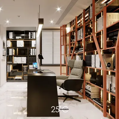 A 3D visualization of a modern home library and office. The design features a striking, rust-colored metal shelving unit that contrasts with a sleek black desk and an ergonomic chair, creating a space that is both stylish and conducive to work.