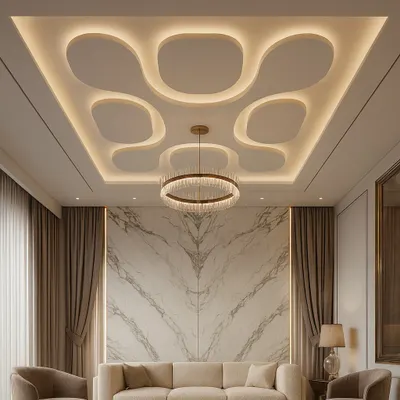 This gypsum false ceiling for a living room features soft, organic cutouts with hidden cove lighting. The design adds a layer of sophistication and works perfectly with the central ring chandelier to create a warm, inviting atmosphere.