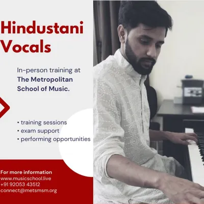 We offer in-person training for Hindustani vocals at our Gurugram school. The program includes dedicated training sessions, exam support, and opportunities to perform.
