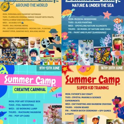 A preview of our action-packed summer camp schedule. We offer multiple themed weeks like "Around the World," "Nature & Under the Sea," and "Super Kid Training" to keep kids engaged and learning.
