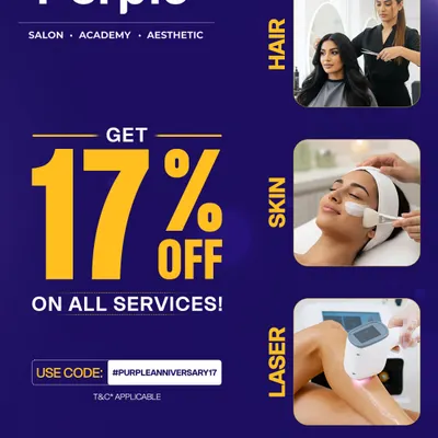 To celebrate our 17th anniversary, we are offering a flat 17% off on all our hair, skin, and laser services. It's the perfect time to pamper yourself and get the treatment you've been wanting.