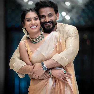 A beautiful couple portrait. I styled the bride in a modern oxidized silver choker with green stones, which offers a contemporary yet ethnic look perfect for a pre-wedding event.