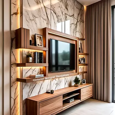 This floating TV unit combines a striking marble-effect back panel with warm wooden shelves. Integrated LED backlighting creates a beautiful ambient glow, making the entertainment area a true centerpiece of the living room.