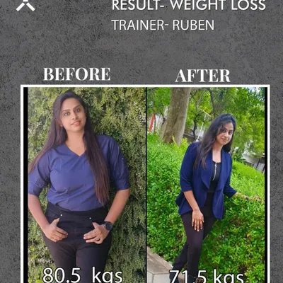 A powerful example of our weight loss transformation plan. This client went from 80.5 kgs to 71.5 kgs with the help of her dedicated trainer, Ruben, and a consistent, personalized fitness regimen.