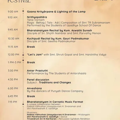 Here is the full Day 1 schedule for the Punyah Dance Festival, Edition III. From the morning lamp lighting to a unique Bharatanatyam performance in Carnatic Music Format in the evening, the day is packed with diverse artistic events.