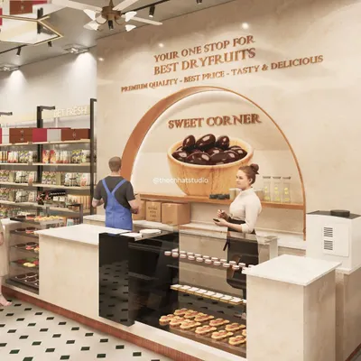 For this dry fruit and sweet shop, I designed a welcoming "Sweet Corner" with an arched feature wall and a clean, modern counter. The design aims to draw customers in and highlight the products in an appealing and organized way.