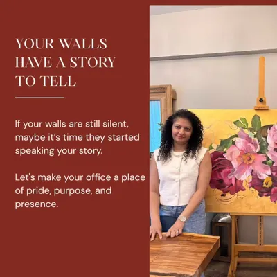 I believe every wall has a story to tell, and art is the perfect language. Here I am in my studio with a floral commission, ready to help clients make their office or home a place of pride and purpose.