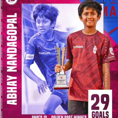 Our "Goal Machine" Abhay Nandagopal with his Golden Boot award from the Junior Fives League, his third consecutive top scorer trophy.