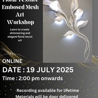 Announcing my Floral Texture Embossed Mesh Art Workshop for July. All materials, including the board with lights, will be sent to you. Just book your spot and get ready to create.