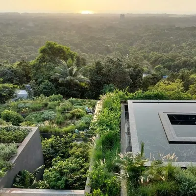 At Villa Toshi, the landscape is the architecture. We recalibrated an existing structure by adding extensive rooftop gardens and lush planting that cascades down the building, effectively merging the home with the hillside and the expansive view.