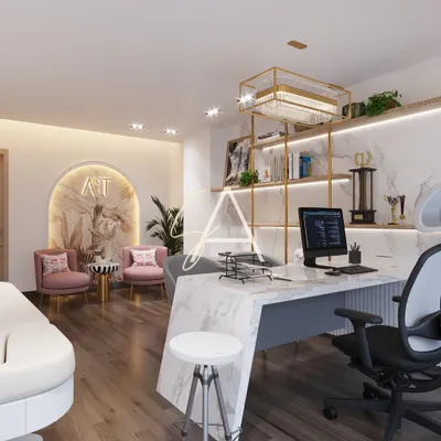 This overall view of a doctor's cabin shows the integration of a patient examination bed, a modern consultation desk, and a comfortable seating nook. The design ensures a seamless flow between different functions within a single, cohesive space.
