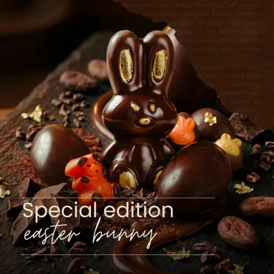 Our special-edition Easter bunny sits beside chocolate eggs and small seasonal shapes in this Easter 2026 collection design.