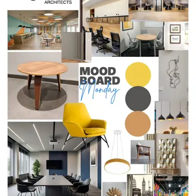 A 'Moodboard Monday' example for a future-ready workspace. We use mood boards like this to align with clients on aesthetics, combining inspirational images, color palettes, and material textures to define the project's visual direction.