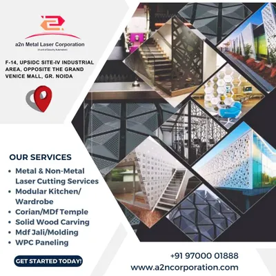 This collage provides an overview of our diverse service offerings. We provide metal and non-metal laser cutting, modular kitchens and wardrobes, Corian and MDF temples, solid wood carving, MDF jali and molding, and WPC paneling for all your interior needs.