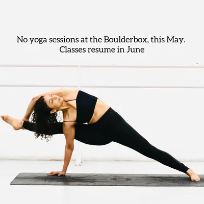 An important update about my class schedule. This image shows a challenging arm balance, Visvamitrasana, a pose that requires deep hip opening and core strength.