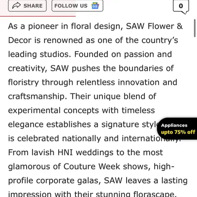 I was honored to be featured in The Times of India, where they recognized SAW Flower & Decor as a pioneer in floral design. The article highlights our signature style, from HNI weddings to Couture Week shows.
