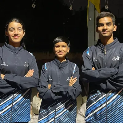 Our champions ready for the SGFI Nationals 2024. From left to right: Aalya Gupta (U-55kg), Rachna Kumari (U-29kg), and Ansh Sharma (U-48kg).