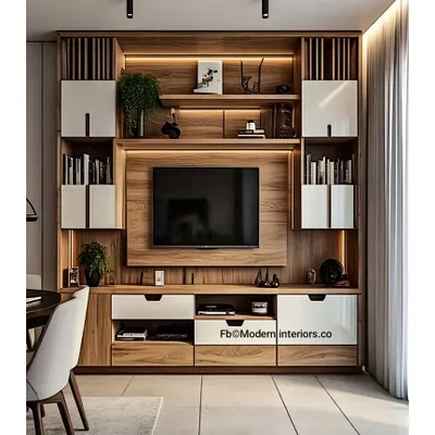 This TV unit design combines the warmth of wood with crisp white cabinets for a balanced, modern look. I included a mix of open and closed storage to keep things organized, while the vertical wooden slats add texture and visual interest.