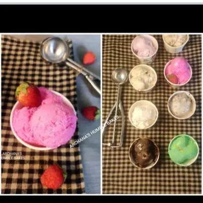 A colorful display of the different eggless ice cream flavors we learn to make, including a big scoop of strawberry and tasters of Oreo, chocolate, and paan ice cream.
