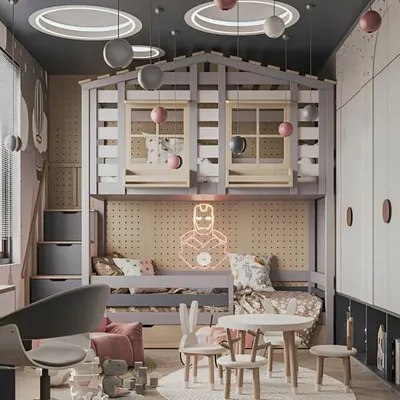 An imaginative kids' room featuring a house-themed loft bed with windows. The space below serves as a play area with a small table and chairs, complemented by a large built-in wardrobe.