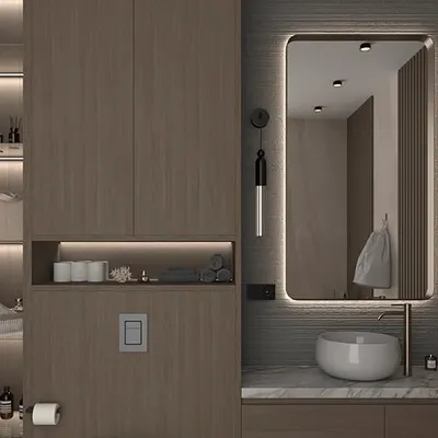 This bathroom design shows how I use vertical space and smart lighting to make even small bathrooms feel luxurious. The floor-to-ceiling wood-finish cabinet provides extensive storage, while the backlit mirror adds a touch of modern elegance.