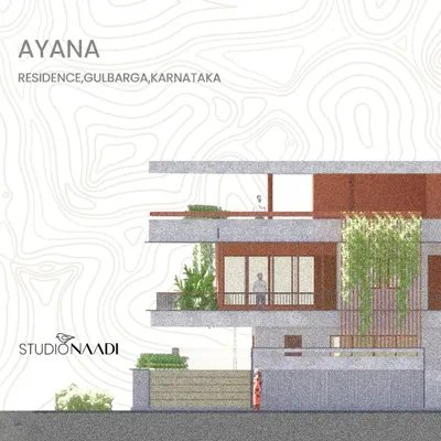An architectural elevation drawing of the 'Ayana' residence. This type of drawing is a crucial part of my design process, allowing me to study the building's proportions, materials, and the integration of landscape elements like planters and green walls.