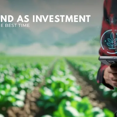 This graphic illustrates the core concept of farmland as a modern investment. It represents the fusion of technology and agriculture to create a secure, rewarding asset class away from urban volatility.