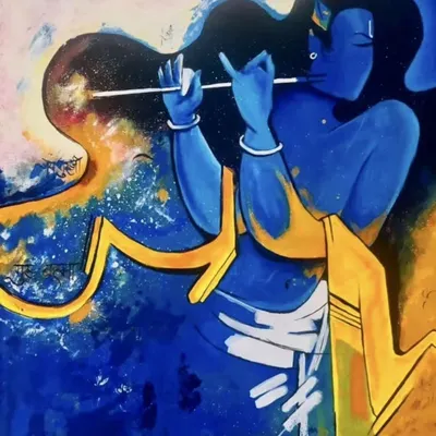 This abstract Krishna painting captures the divine musician in a moment of pure bliss. The flowing lines and blend of blue and yellow hues evoke the melody of his flute and the joy he brings.