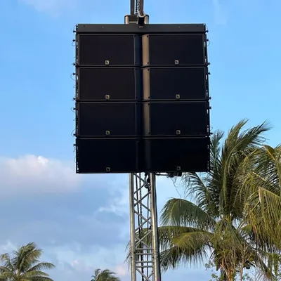 A close-up of our L-Acoustics K2 line array speaker system, the same gear used in global concert tours. We were the first to bring this world-class audio technology to Punjab, ensuring every event we manage has crystal-clear, powerful sound, whether it's for a live band or a massive festival.
