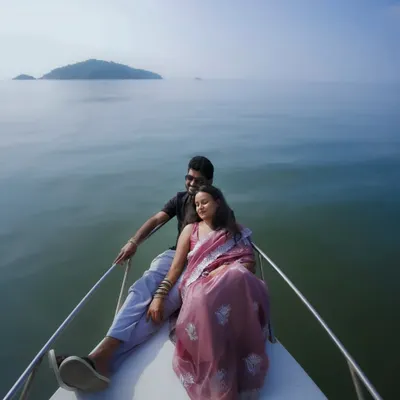 An intimate moment on a private boat near Cintacor Island. Destination shoots allow for unique experiences like this, capturing your love story with the endless ocean as your witness.