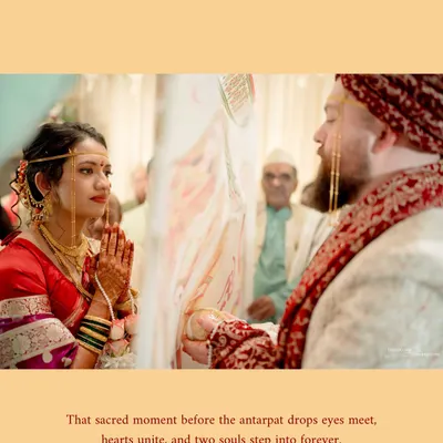 The sacred Antarpat ceremony in a Marathi wedding. We captured the moment just before the cloth drops, a moment brimming with anticipation and emotion as the bride and groom prepare to see each other.