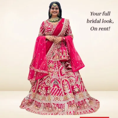 This is your complete bridal look, all available on rent. This stunning pink lehenga, intricately embroidered with doli and baraat motifs, comes with perfectly matched jewelry to make you feel like royalty.
