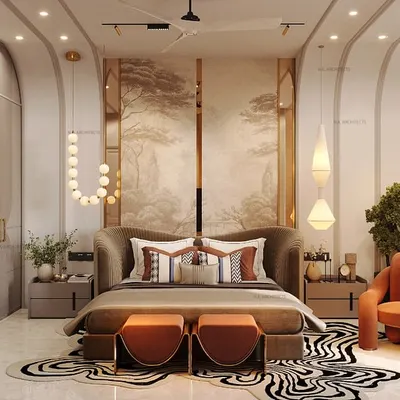 This bedroom is sculpted for serenity with soft curves and soothing vibes. From the walls to the ceiling, the seamless flow of curved forms and a contrasting sculptural chair bring a calm that you can feel.