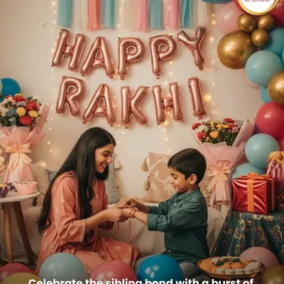 Celebrate the special bond between siblings with our beautiful Raksha Bandhan decor. This setup features "Happy Rakhi" foil balloons, elegant bouquets, and a color-coordinated balloon garland to make the day truly memorable.