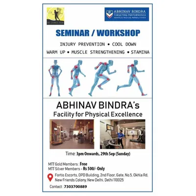 An announcement for our exclusive workshop on injury prevention, warm-ups, and muscle strengthening, organized in collaboration with Abhinav Bindra's facility for physical excellence.