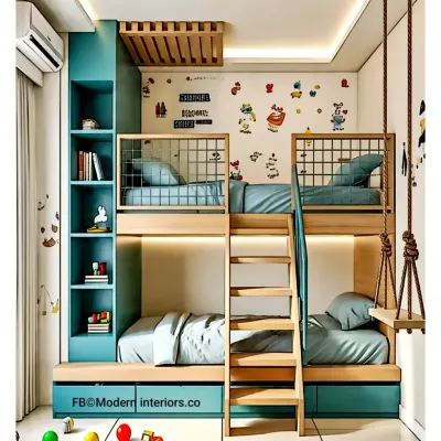 This fun and functional kids' room features a bunk bed with an integrated teal shelving unit and a small swing for play. The design maximizes vertical space, leaving plenty of room on the floor for activities.