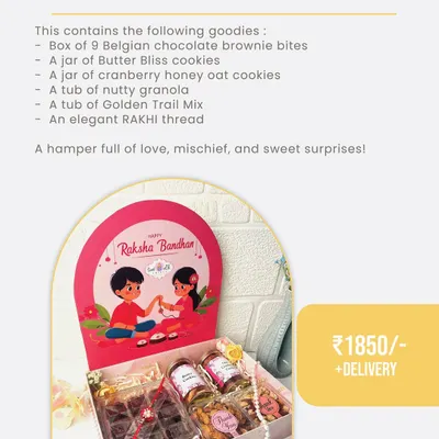 Our "Grand Bond Box" is the ultimate Rakhi gift, filled with Belgian chocolate brownie bites, two kinds of cookies, nutty granola, trail mix, and a beautiful Rakhi thread. It's a hamper full of love and sweet surprises.