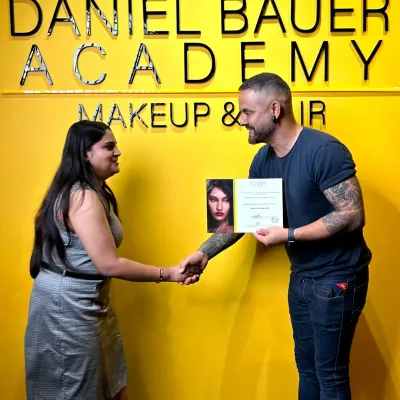 A truly proud moment for me, receiving my makeup artistry certification from my mentor, Daniel Bauer. This achievement is a culmination of hard work, dedication, and the incredible support of my family and teachers.