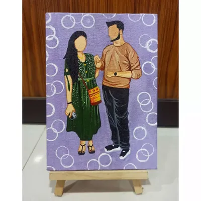 This custom faceless couple portrait on a mini canvas is a popular gift. I focus on the outfits and posture from your photo to capture your unique connection.