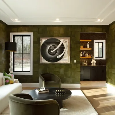 The 'Appaloosa' wallpaper in a deep olive green anchors this room with a moody sophistication. Its subtle texture adds depth and character, striking the perfect balance between funk and finesse for a space that celebrates bold expression.