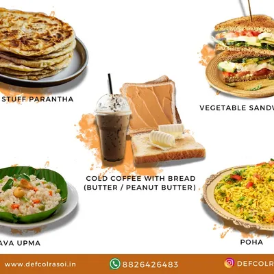 Our breakfast menu has a variety of options to kickstart your day, including Stuffed Paratha, Vegetable Sandwich, Rava Upma, and Poha.