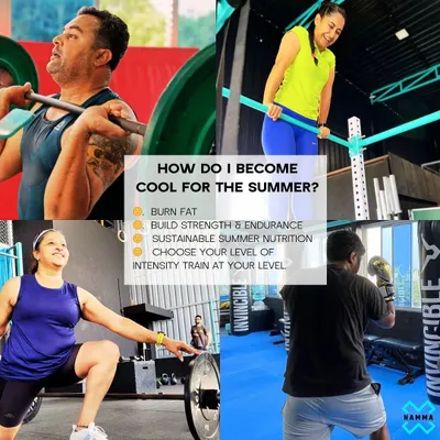 Get cool for the summer with our transformation program. This graphic details our approach, which includes fat burning, building strength and endurance, and sustainable nutrition guidance, all tailored to your intensity level.