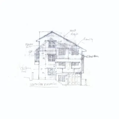 An early conceptual hand sketch of the south-side elevation for 'Nachiar Illam'. This is where we begin to define the form, massing, and window placements.