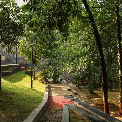 Nepean Greens in Mumbai is a versatile public plaza we designed to be accessible for all, with sloping lawns, terraces, and a continuous ramp for the elderly and disabled.