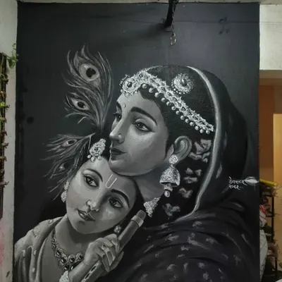 The final mural of Yashoda and Krishna, installed in a client's space. This custom Indian mythological painting serves as a major focal point in the room.