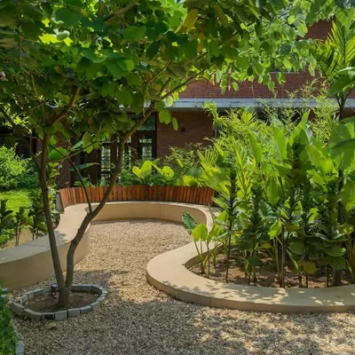 **Playfold, Ahmedabad:** We transformed a flat, underused courtyard into a dynamic landscape. A continuous, curving terrazzo bench snakes through the space, introducing movement and creating functional zones for seating, playing, and gathering.