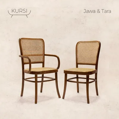 The perfect pair for any dining space: my 'Tara' and 'Jawa' chairs. The 'Jawa' features elegant arms while the 'Tara' is a classic side chair, both with bentwood frames and caned seats.