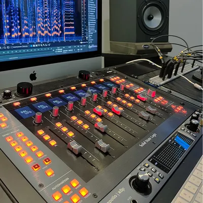 A full view of our mixing console, featuring the Solid State Logic UF8 Control Surface paired with the Universal Audio Apollo X8P. This setup offers precise, hands-on control over your mix and pristine audio quality.