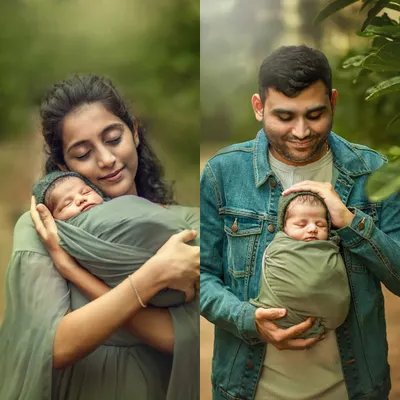 A collage showing a new mother and father each holding their swaddled newborn with immense tenderness. These outdoor portraits capture the serene, loving bond between new parents and their baby.